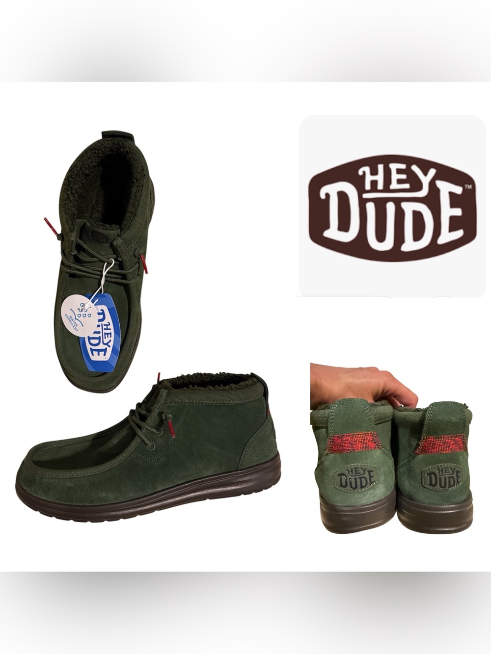 NWT $95 Hey Dude Men 10 Olive Suede Casual Ankle Wally Mid GripR Warmth Shoes